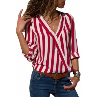 Red White Stripe Long Sleeve V Neck Shirt